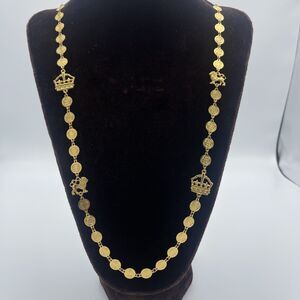 Vintage Liz Claiborne Gold Plated Disc Crown & Tiger Long Linked Necklace RARE